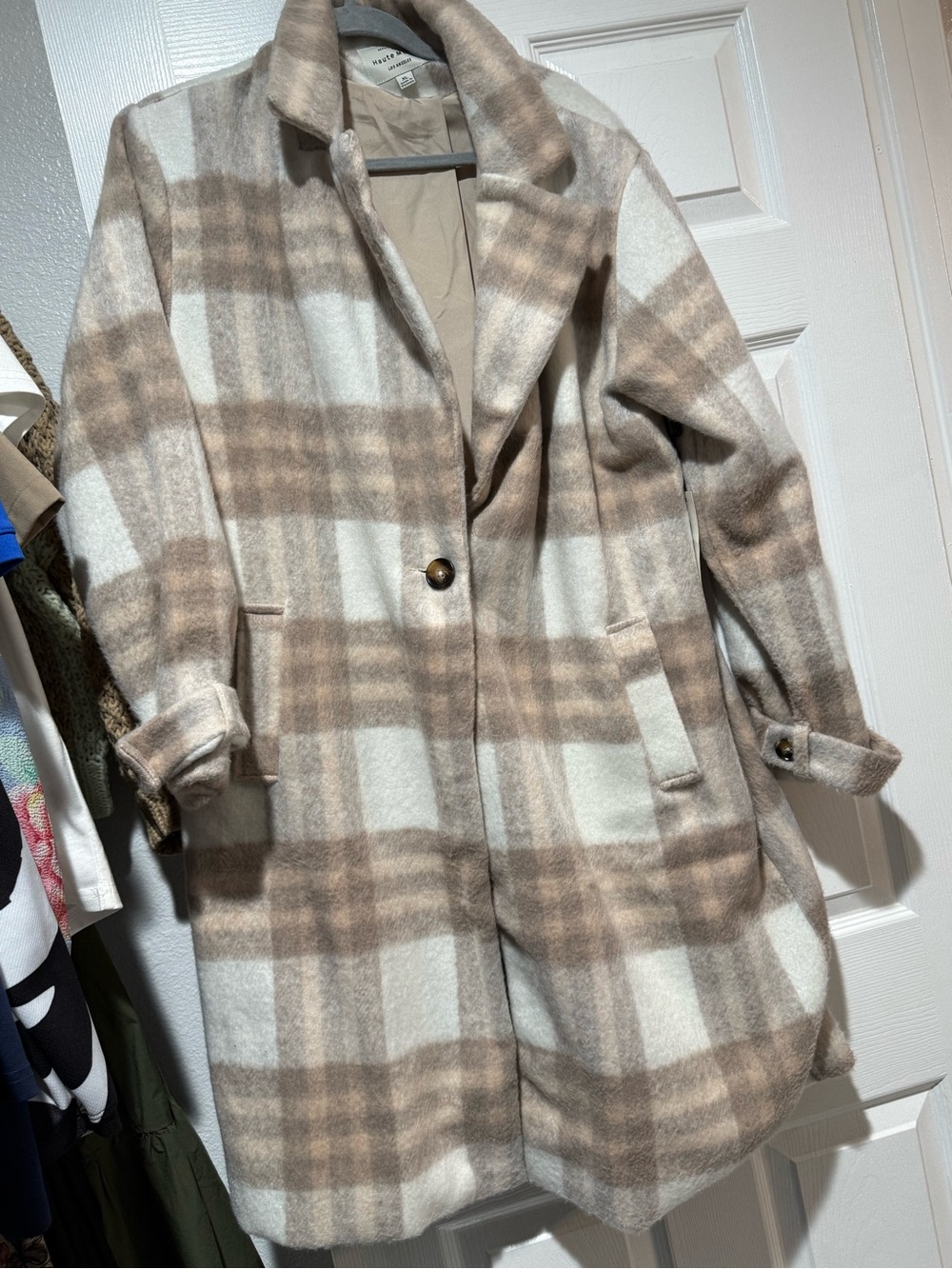 Haute Monde Plaid Single-Button Pea Coat — Cream & Tan